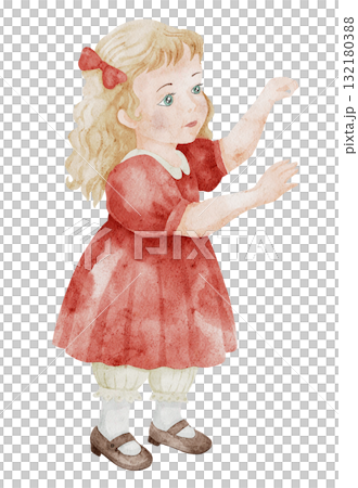 Watercolor illustration of a blonde girl in a red dress with bow and shoes in vintage doll like style. Drawing of child for Christmas greeting cards, Xmas nostalgic scenes or vintage invitations. 132180388