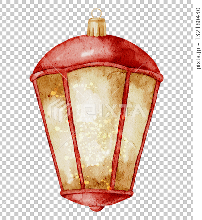 Watercolor illustration of a Christmas Ornament shaped like a glowing lantern. Drawing of Xmas Bauble for festive compositions, holiday greeting cards, and New Year invitations. Isolated clipart. 132180430