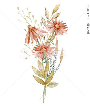 Watercolor bouquet with echinacea flowers and greenery forming a floral arrangement. Botanical Illustration with leaves for seasonal greeting cards or wedding invitations. Floral art for posters. Watercolor bouquet with echinacea flowers and greenery forming a floral arrangement. Botanical Illustration with leaves for seasonal greeting cards or wedding invitations. Floral art for posters. 132180468