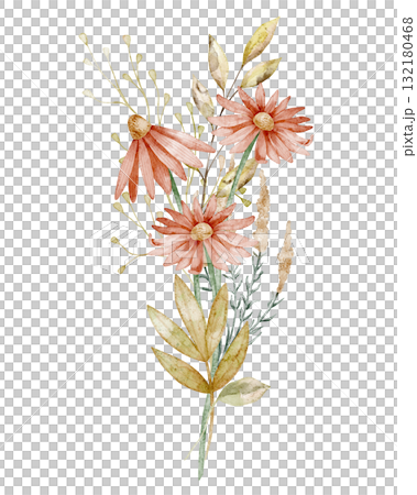 Watercolor bouquet with echinacea flowers and greenery forming a floral arrangement. Botanical Illustration with leaves for seasonal greeting cards or wedding invitations. Floral art for posters. Watercolor bouquet with echinacea flowers and greenery forming a floral arrangement. Botanical Illustration with leaves for seasonal greeting cards or wedding invitations. Floral art for posters. 132180468