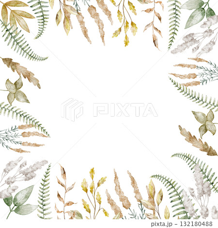 Watercolor botanical Frame with leaves, ferns, and branches. Illustration of Template for seasonal wedding greeting cards, nursery posters, and baby shower invitations. Drawing of pastel Border. Watercolor botanical Frame with leaves, ferns, and branches. Illustration of Template for seasonal wedding greeting cards, nursery posters, and baby shower invitations. Drawing of pastel Border. 132180488