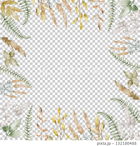 Watercolor botanical Frame with leaves, ferns, and branches. Illustration of Template for seasonal wedding greeting cards, nursery posters, and baby shower invitations. Drawing of pastel Border. 132180488