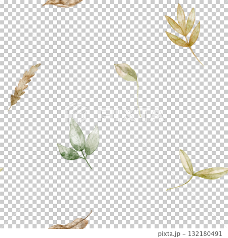 Seamless watercolor plant pattern with leaves and autumn foliage in woodland style. Illustration of fall background for textile design or wallpaper. Backdrop for wrapping paper or seasonal design. Seamless watercolor plant pattern with leaves and autumn foliage in woodland style. Illustration of fall background for textile design or wallpaper. Backdrop for wrapping paper or seasonal design. 132180491