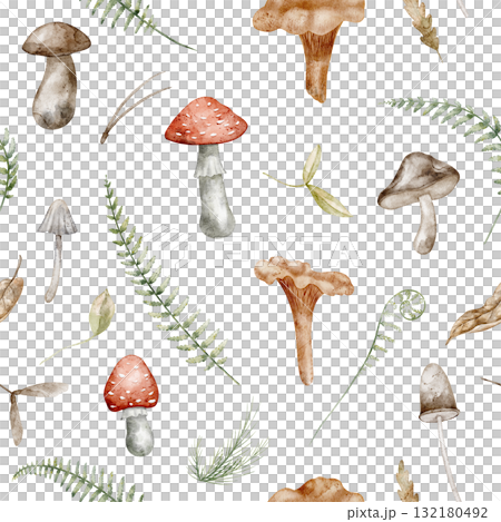 Seamless watercolor Mushroom pattern with forest elements, boletus, chanterelles, toadstools and autumn foliage. Illustration of fall background with for seasonal textile design or wrapping paper. 132180492