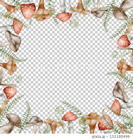 Watercolor Mushroom Frame with ferns and forest foliage. Illustration of square border template for autumn greeting cards or woodland posters. Drawing of fall Backdrop for invitations or backgrounds. Watercolor Mushroom Frame with ferns and forest foliage. Illustration of square border template for autumn greeting cards or woodland posters. Drawing of fall Backdrop for invitations or backgrounds. 132180499