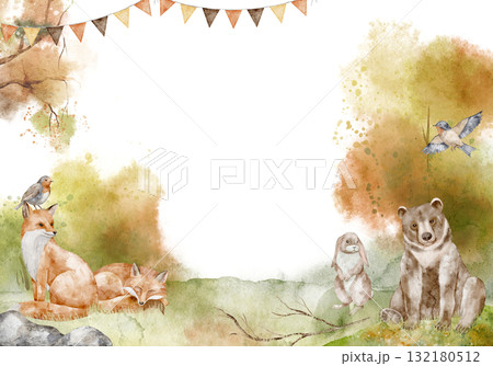 Watercolor Woodland card with foxes, bear and hare in autumn forest background. Illustration of template with forest animals for baby shower greeting cards, childish invitations and nursery posters. Watercolor Woodland card with foxes, bear and hare in autumn forest background. Illustration of template with forest animals for baby shower greeting cards, childish invitations and nursery posters. 132180512