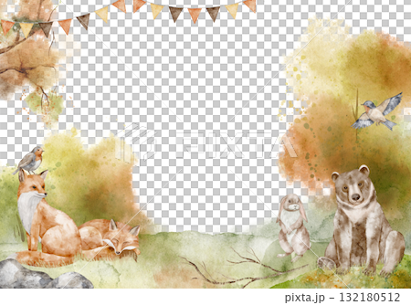 Watercolor Woodland card with foxes, bear and hare in autumn forest background. Illustration of template with forest animals for baby shower greeting cards, childish invitations and nursery posters. 132180512