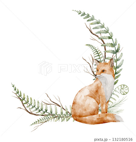 Watercolor wreath with Fox, ferns, and woodland branches. Illustration of circular Template with forest animals for autumn childish greeting cards, nursery posters or woodland baby shower invitations. Watercolor wreath with Fox, ferns, and woodland branches. Illustration of circular Template with forest animals for autumn childish greeting cards, nursery posters or woodland baby shower invitations. 132180516