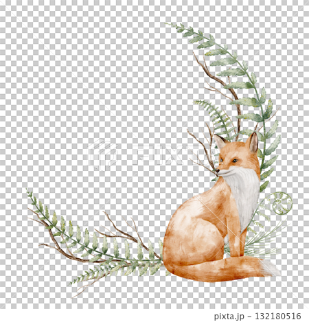 Watercolor wreath with Fox, ferns, and woodland branches. Illustration of circular Template with forest animals for autumn childish greeting cards, nursery posters or woodland baby shower invitations. 132180516