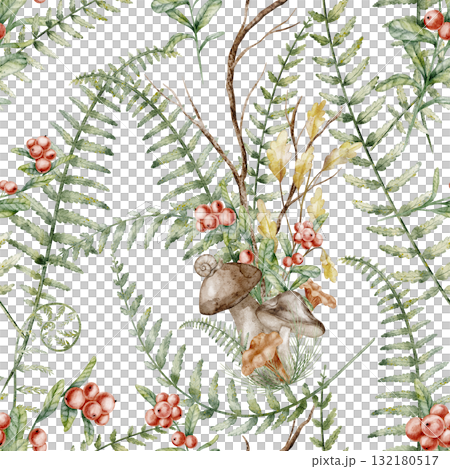 Seamless watercolor Fern pattern with woodland foliage in green and autumn colors. Illustration of forest Background with mushrooms and red berries for fall wrapping paper or textile design. Seamless watercolor Fern pattern with woodland foliage in green and autumn colors. Illustration of forest Background with mushrooms and red berries for fall wrapping paper or textile design. 132180517