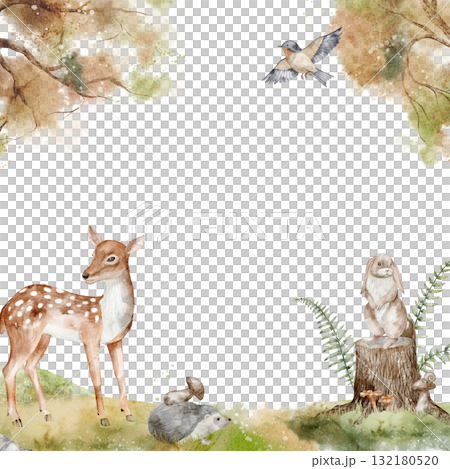 Watercolor Frame with deer, rabbit, bird, and woodland elements like mushrooms, stumps, and ferns. Illustration of forest Template for Background with woodland animals for baby shower cards or poster. Watercolor Frame with deer, rabbit, bird, and woodland elements like mushrooms, stumps, and ferns. Illustration of forest Template for Background with woodland animals for baby shower cards or poster. 132180520
