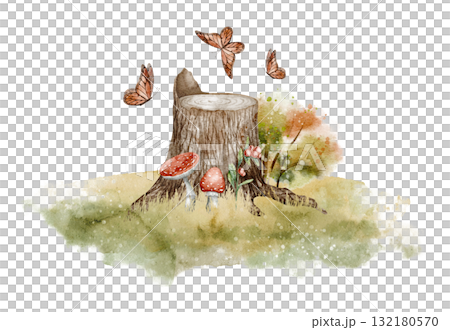 Watercolor illustration of forest Stump with mushrooms, berries, and butterflies. Drawing of autumn woodland scenes for posters, fall greetings cards or invitations. Art on isolated background. Watercolor illustration of forest Stump with mushrooms, berries, and butterflies. Drawing of autumn woodland scenes for posters, fall greetings cards or invitations. Art on isolated background. 132180570