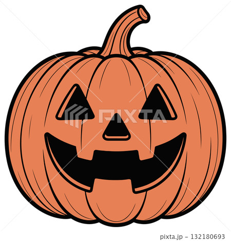 Cute carved Jack-o-Lantern illustration. Halloween traditional pumpkin clip art design element. 132180693