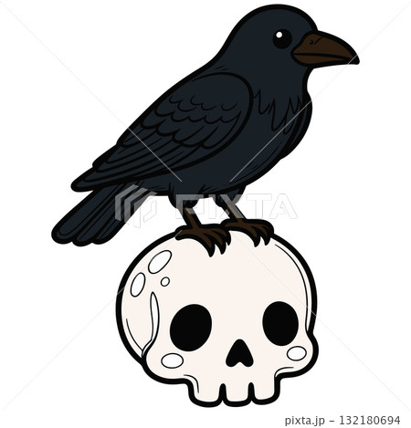 Halloween Cute Illustration, Crow is sitting on Scull. October holiday Clip Art. 132180694