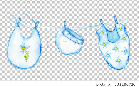 Charming blue baby clothes hanging on a line with floral accents for nursery decor. Watercolor for gender reveal party, baby shower, birthday, baptism, boy or girl party. For invitation, card, poster Charming blue baby clothes hanging on a line with floral accents for nursery decor. Watercolor for gender reveal party, baby shower, birthday, baptism, boy or girl party. For invitation, card, poster 132180726