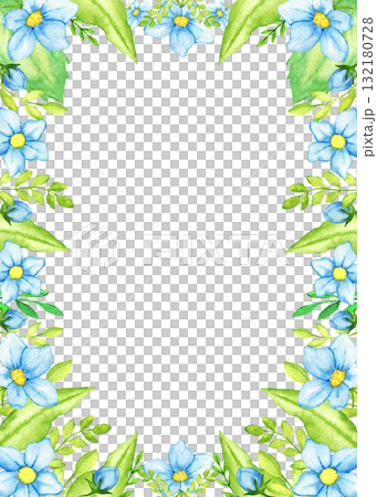 Elegant floral frame with blue flowers and green leaves for invitations or crafts. Vertical template for gender reveal party, baby shower, birthday, baptism, boy or girl party. Hand drawn Elegant floral frame with blue flowers and green leaves for invitations or crafts. Vertical template for gender reveal party, baby shower, birthday, baptism, boy or girl party. Hand drawn 132180728