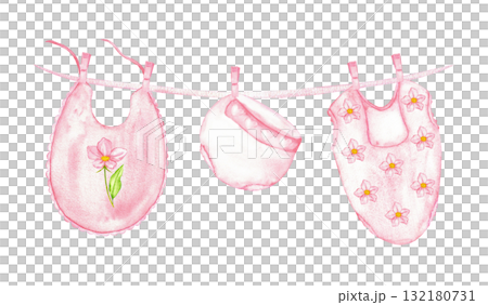 Charming pink baby clothes with floral designs for newborns and nursery decor. Illustration for gender reveal party, baby shower, birthday, baptism, boy or girl party. For invitation, greeting card 132180731