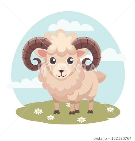 Charming cute ram in a sunny meadow. Sheep. Farm animals with landscape. Illustration. Charming cute ram in a sunny meadow. Sheep. Farm animals with landscape. Illustration. 132180764