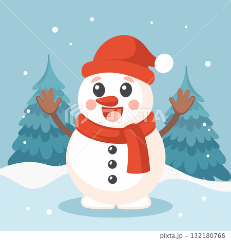 Cheerful snowman in a winter wonderland. Illustration for New Year's and Christmas cards. Cheerful snowman in a winter wonderland. Illustration for New Year's and Christmas cards. 132180766