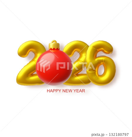 Happy New year 3D vector banner design, realistic golden inflated balloons 2026 text, 3d numbers, red ball decoration 132180797