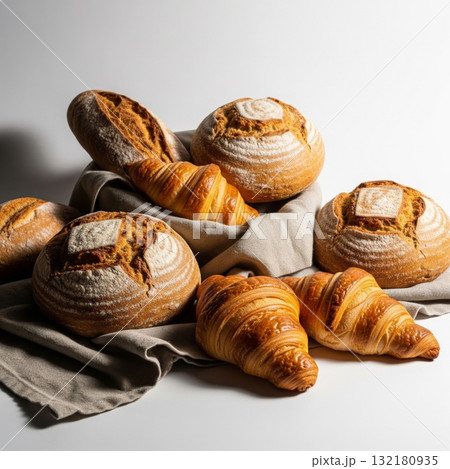 Artisanal Bread Croissants Displayed on Burlap Cloth Still Life 132180935