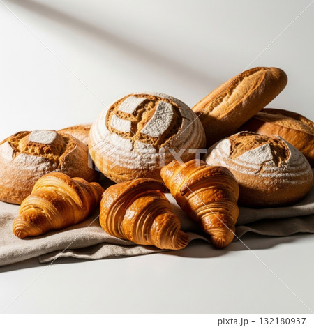 Variety of Bread and Croissants on Linen Cloth in Bright Studio 132180937
