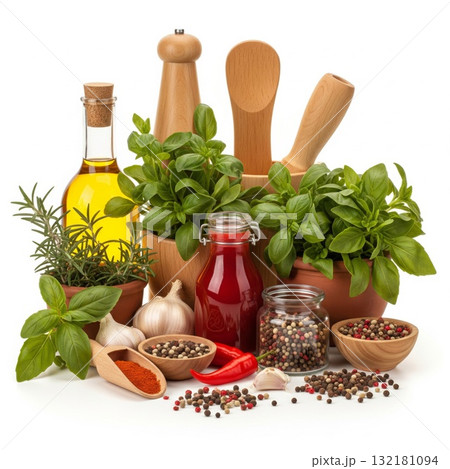 Arrangement of Herbs and Spices with Olive Oil on White Surface 132181094