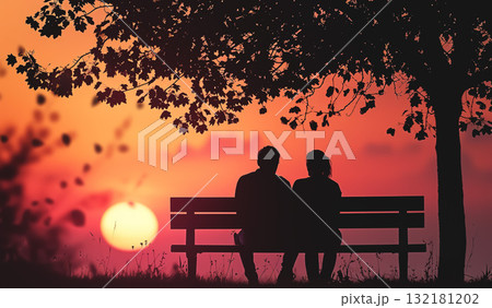 happy couple dating and sitting at bench in park, man and woman in love and watching sunset at nature, in silhouette 132181202
