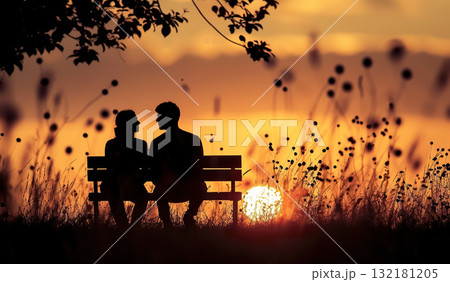 happy couple dating and sitting at bench in park, man and woman in love and watching sunset at nature, in silhouette 132181205