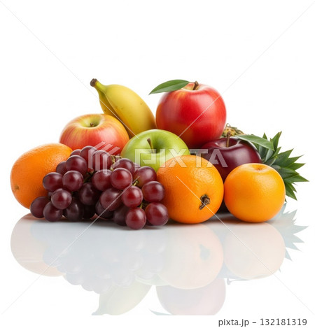 Arrangement of Fresh Fruits on Reflective Surface in Studio Arrangement of Fresh Fruits on Reflective Surface in Studio 132181319