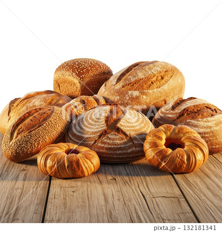 Assortment of Fresh Bread Loaves on Rustic Wooden Table 132181341