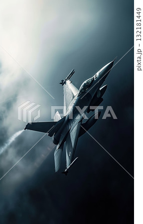 modern fifth generation combat air fighter jet in sky, advanced stealth military aircraft flying 132181449