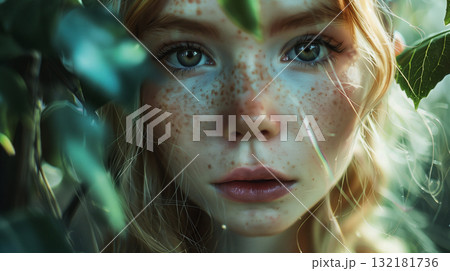 Elven woman gazing through foliage 132181736
