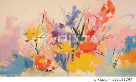 Expressionist summer flowers oil painting, shades of red, yellow, blue, purple, and pink 132181744