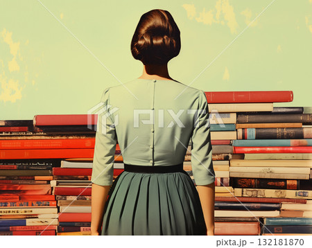 Woman facing books in vintage fashion collage Woman facing books in vintage fashion collage 132181870