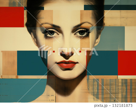 Vintage fashion collage portrait of a woman with a focused, enigmatic gaze Vintage fashion collage portrait of a woman with a focused, enigmatic gaze 132181873