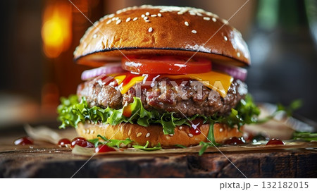 fresh juicy hamburger with beef meat, grilled cheeseburger with onion and tomato, classic american fast food burger 132182015