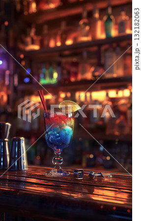 glass with colorful alcohol drink on bar counter, tropical exotic cocktail at nightclub glass with colorful alcohol drink on bar counter, tropical exotic cocktail at nightclub 132182063