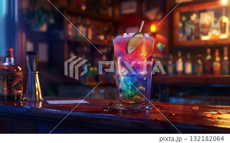 glass with colorful alcohol drink on bar counter, tropical exotic cocktail at nightclub glass with colorful alcohol drink on bar counter, tropical exotic cocktail at nightclub 132182064