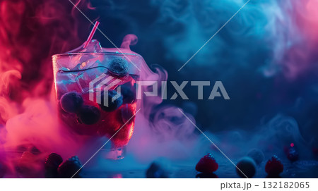 fresh and cold colorful cocktail iwth berries and fruits on black background, fance alcohol drink in fog or smoke in nightclub fresh and cold colorful cocktail iwth berries and fruits on black background, fance alcohol drink in fog or smoke in nightclub 132182065