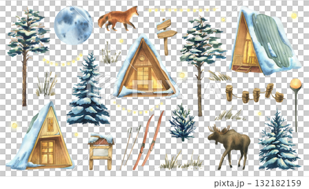 Large clipart set with cabins, fox, moose, moon, snowy pines, and winter forest elements, created as a hand-painted watercolor illustration, perfect for Christmas crafts and holiday decoration. Large clipart set with cabins, fox, moose, moon, snowy pines, and winter forest elements, created as a hand-painted watercolor illustration, perfect for Christmas crafts and holiday decoration. 132182159