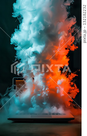 modern laptop burning, pc emergency and accident concept, data and information loss background 132182232