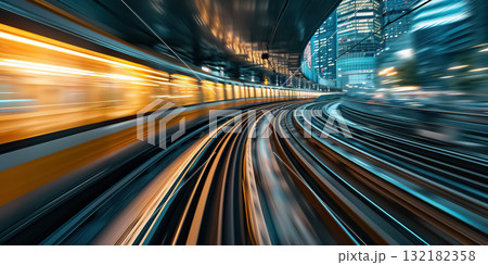 railway train blurred motion perspective, speed and dynamics of big city, urban traffic concept 132182358