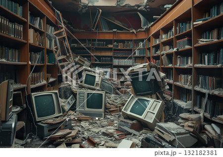 dump of old broken obsolete computer with displays or tv, pile of junk electronics, industrial concept dump of old broken obsolete computer with displays or tv, pile of junk electronics, industrial concept 132182381