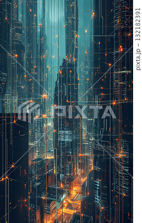 skyline of futuristic electronic night smart city at night, cyberspace and network concept 132182391