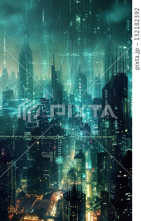 skyline of futuristic electronic night smart city at night, cyberspace and network concept 132182392