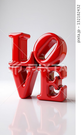 Shiny red stacked LOVE letters sculpture on a white reflective surface. Modern design, symbolizing love and passion. Valentine's day, wedding concept. Shiny red stacked LOVE letters sculpture on a white reflective surface. Modern design, symbolizing love and passion. Valentine's day, wedding concept. 132182432
