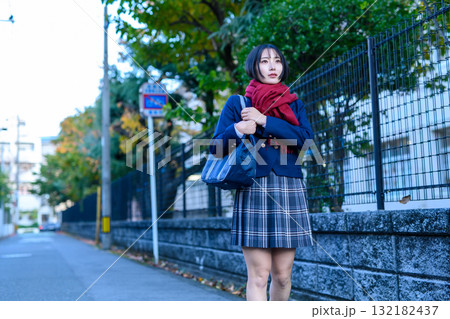寒い日に暗い道を登下校する女子高生　高校生のスカート　部活　補講　登校下校 132182437