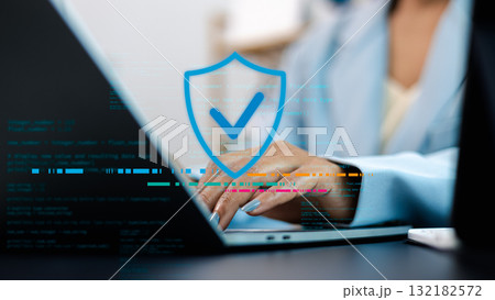 Cybersecurity and Data Protection Concept with Shield Icon on Laptop Screen 132182572