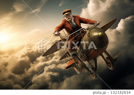 a man is flying a retro airplane in the sky 132182634